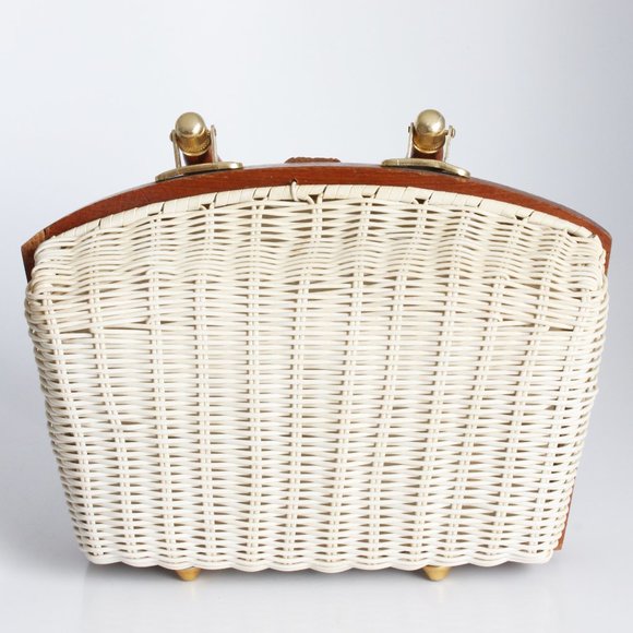 Simon Mr. Ernest White Wicker Bag with Brown Wood Trim Purse 60s Retro - Picture 7 of 10